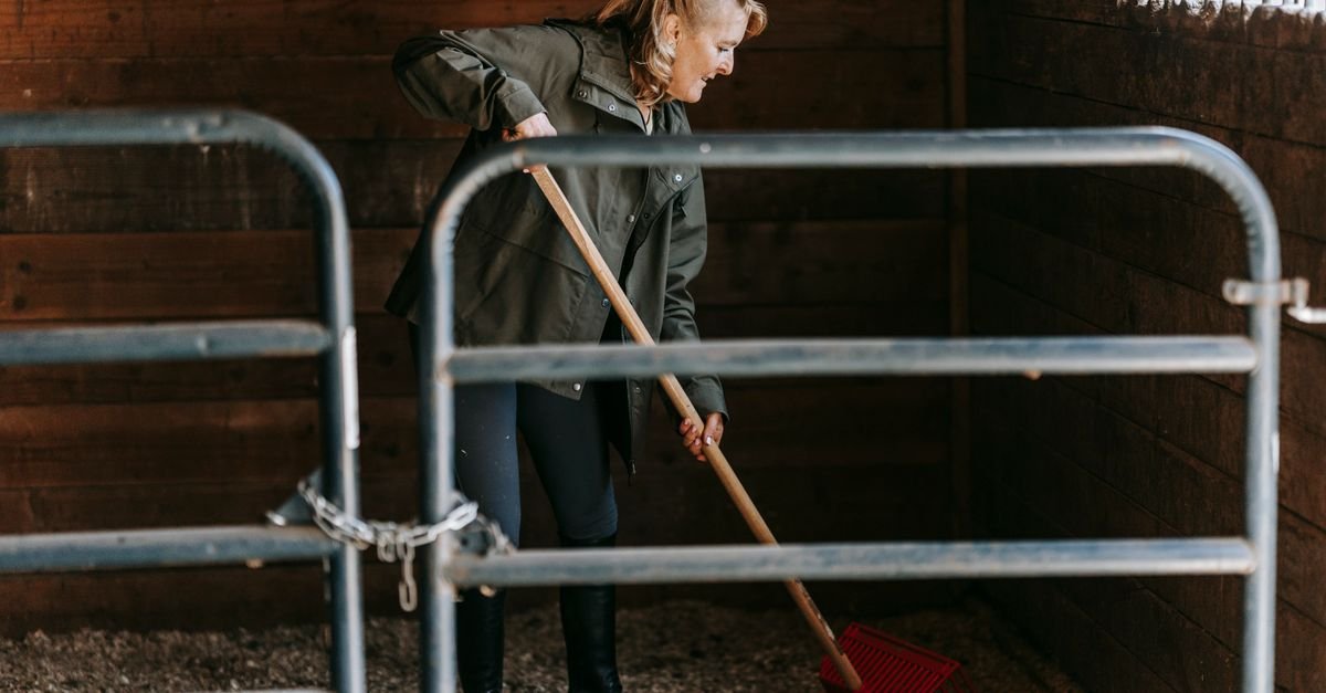 Person sweeping out a barn floor with a broom before any water is used