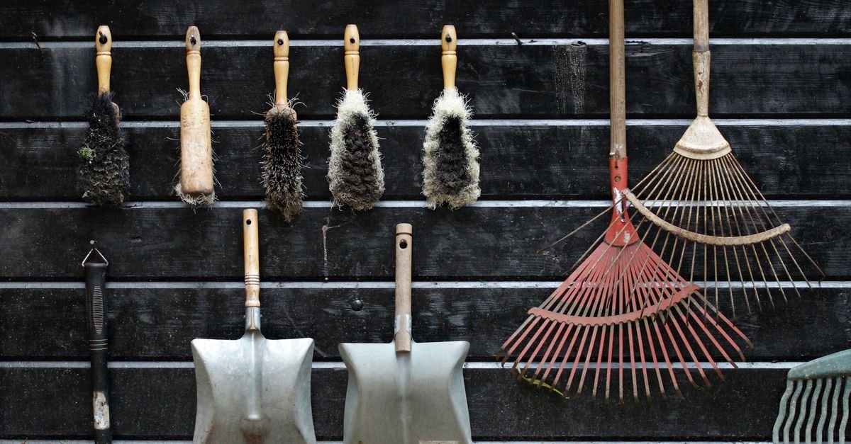 Neatly arranged garden tools hanging on the inside face of a rustic wooden shed wall