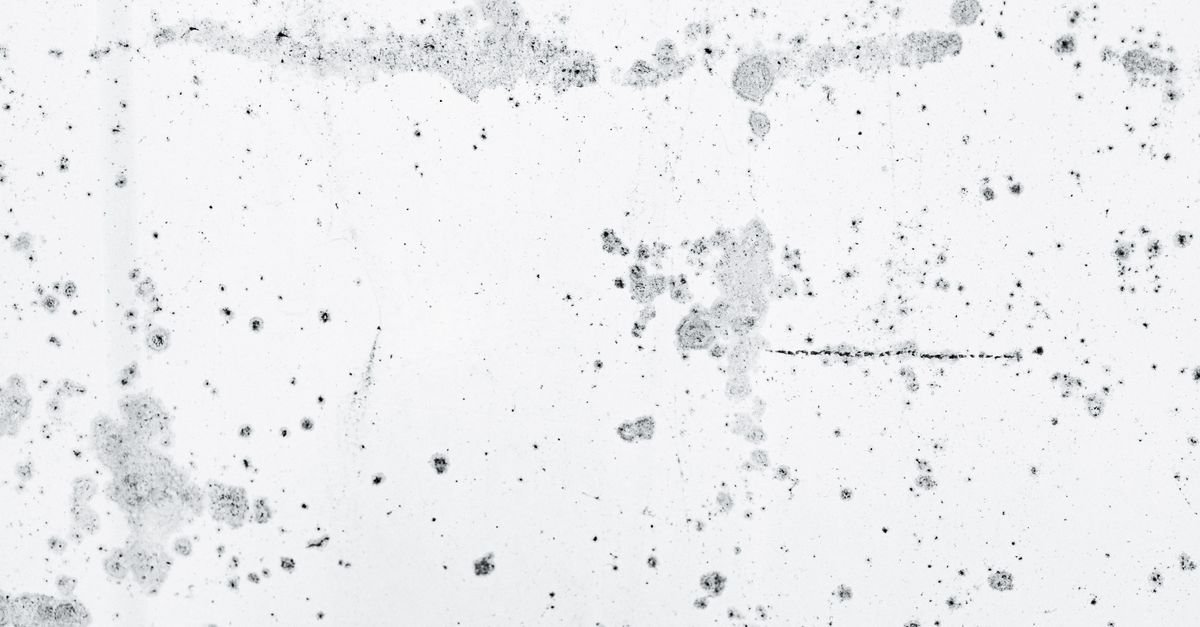 Black spotting and dark staining spread across a pale concrete surface