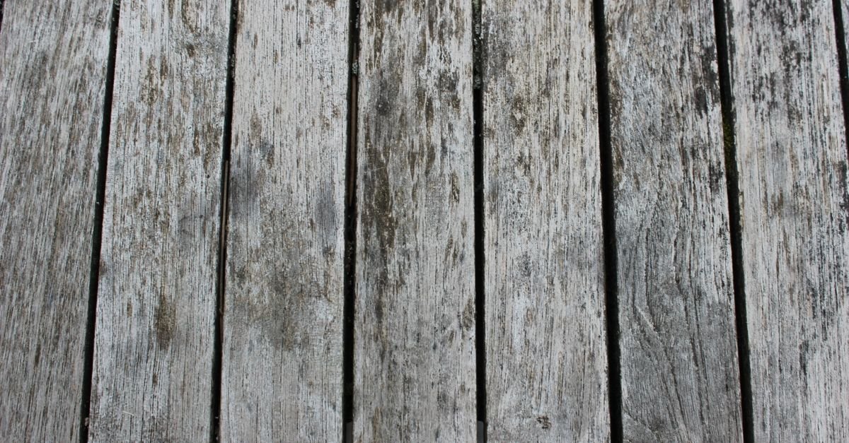 Close-up of weathered deck planks with open grain and silvered surface fibre, the layer bleach acts on