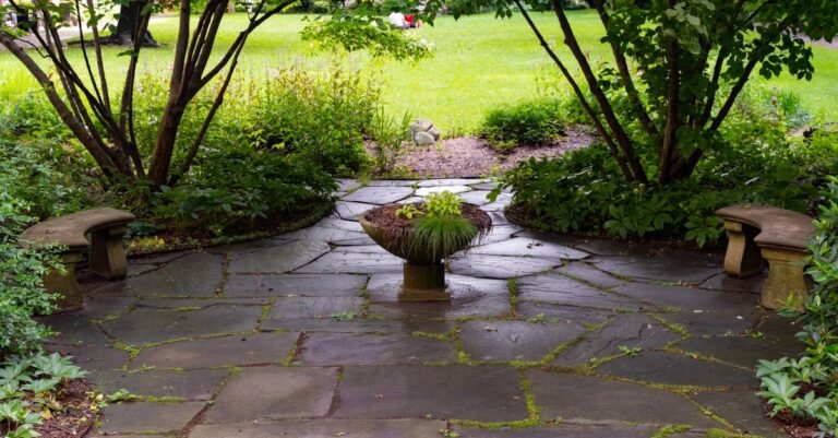Natural stone patio with irregular flagstone paving surrounded by planting