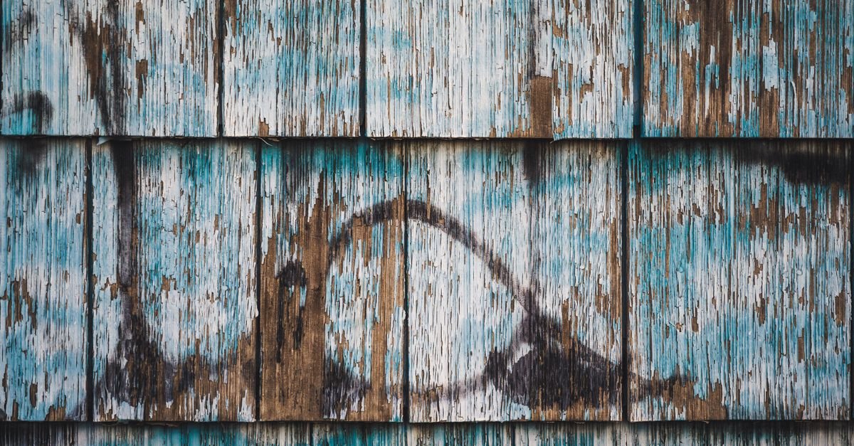 Aged painted timber house wall with flaking paint, where mould pigment sits inside the coating rather than on top of it