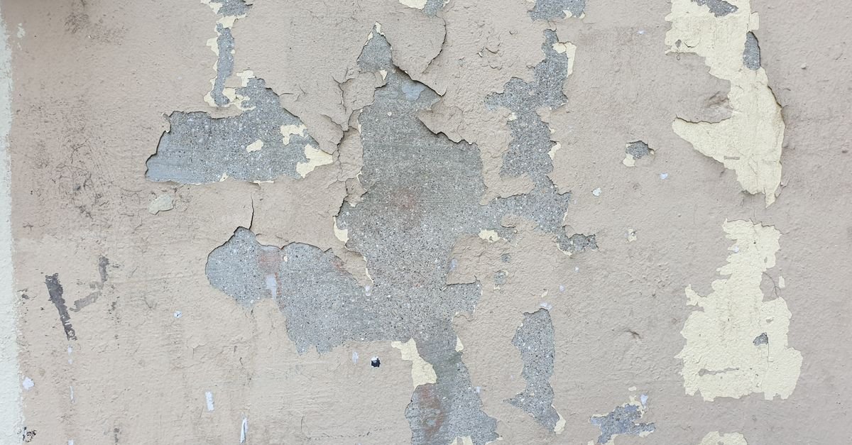 Old paint cracking and lifting from a concrete wall, the flaking condition that makes lead dust a genuine question