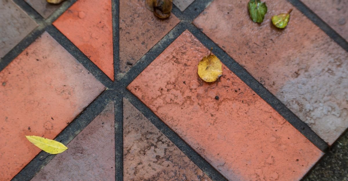 Fallen autumn leaves and standing water collecting in the joints of a patterned paved surface