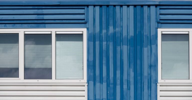 A blue steel-clad building facade with two windows, panel seams running vertically under a clear sky