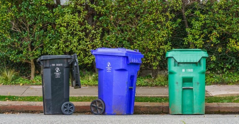 Black, blue and green wheeled bins standing together at the street kerb waiting for collection