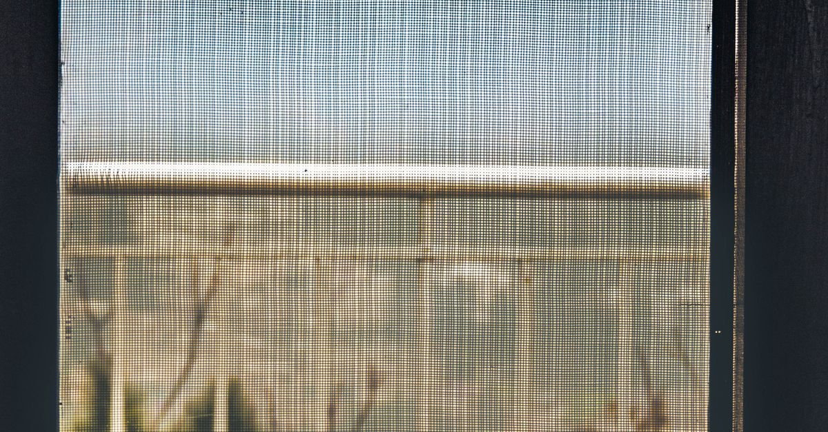 Looking out through an insect screen mesh to railings outdoors, the weave visible against the view