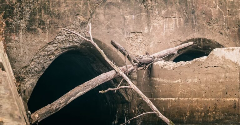 A debris-choked drain outlet with branches wedged across the mouth and water still finding a way past