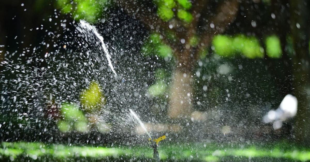 Garden sprinkler throwing an arc of water across a lawn in sunlight