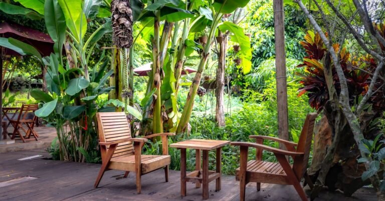 Two teak armchairs and a low table standing in a shaded tropical garden