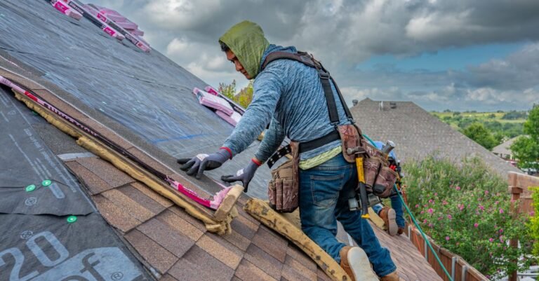 Roofers laying new asphalt shingles on a house, the intact granule surface that low pressure roof cleaning exists to protect
