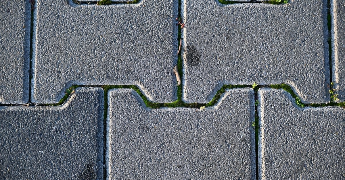 Grey brick block paving with moss growing in the joints between the blocks
