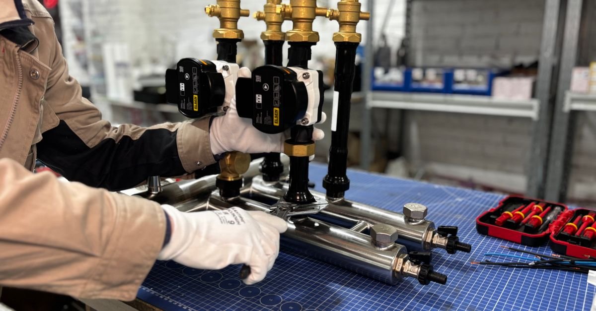 An engineer assembling a valve and pipework on a bench, the reassembly stage where a torque figure matters more than feel