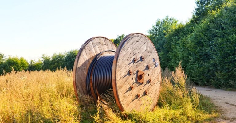 A large wooden reel of coiled electrical cable standing in a sunlit field