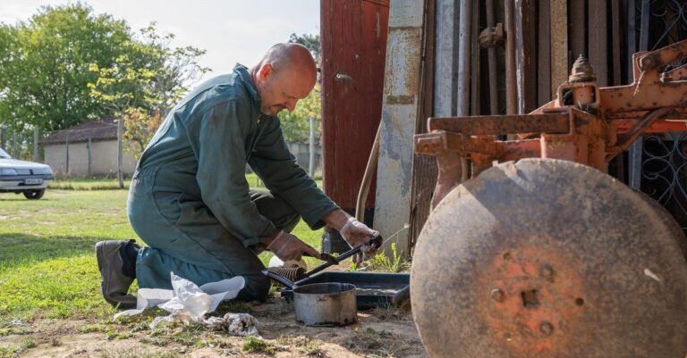A man crouched over a petrol-engined machine outdoors in bright sun, working on an engine that will not run