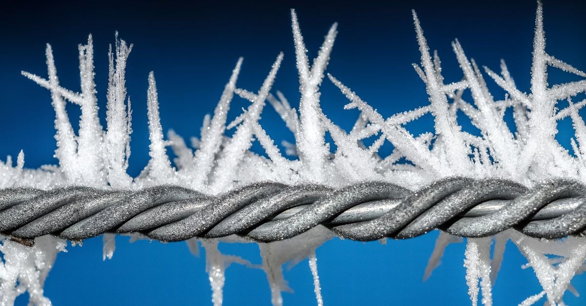 Frost and ice crystals forming on exposed metal wire against a winter sky, the conditions that split a hose left full of water