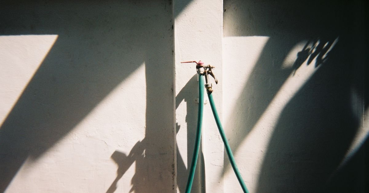Outdoor water spigot with a garden hose attached