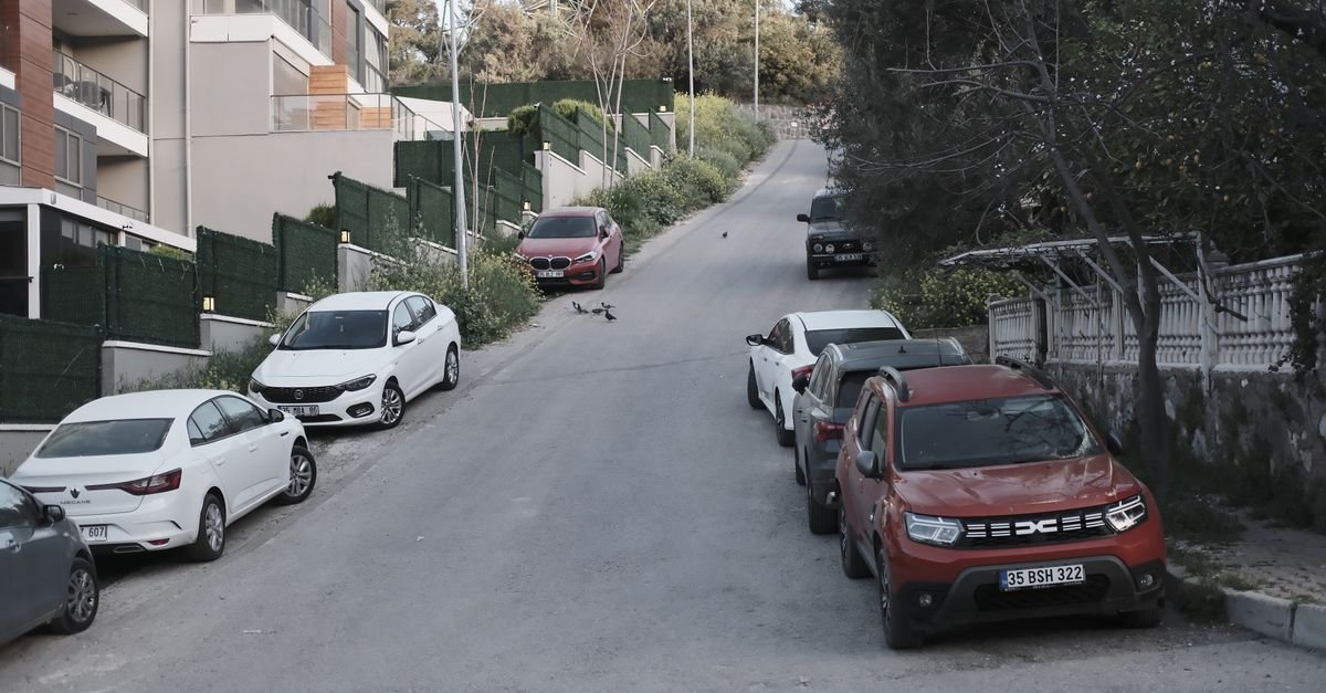 A steep residential street lined with parked cars, the kind of gradient many driveways are built with
