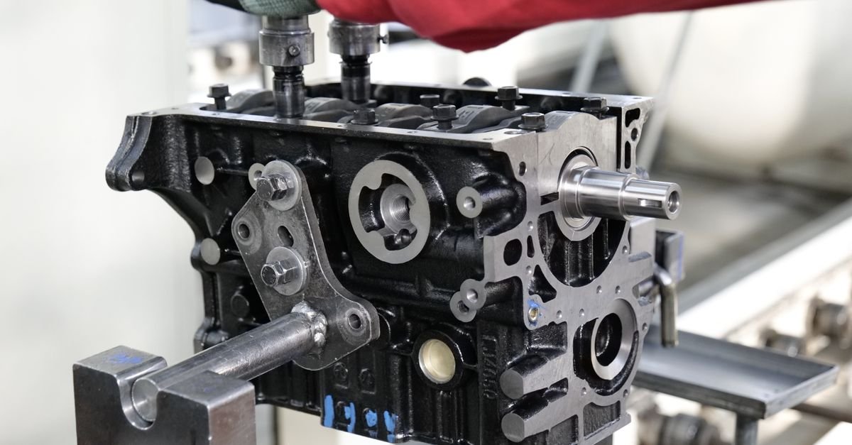 Close-up of engine internals during assembly, showing the crankcase components a low oil sensor sits among
