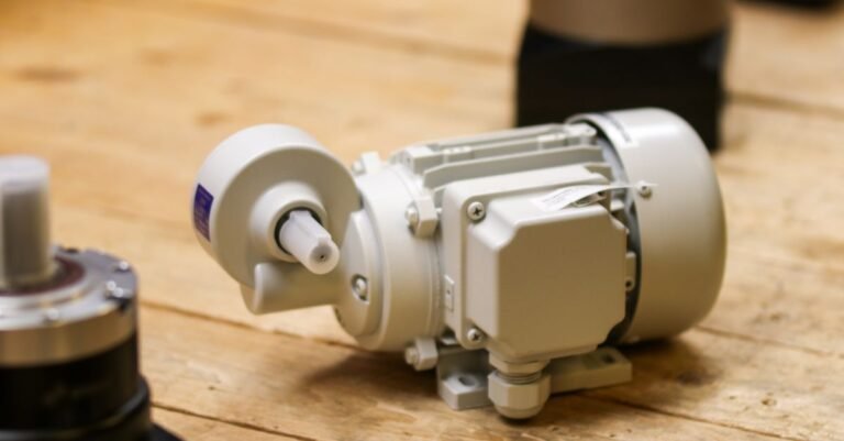 A white electric motor sitting on a workshop bench waiting for diagnosis
