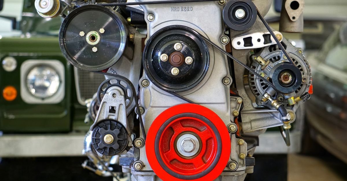 A car engine bay showing drive belts running over pulleys, the same belt-and-pulley arrangement a belt-drive pressure washer uses between engine and pump
