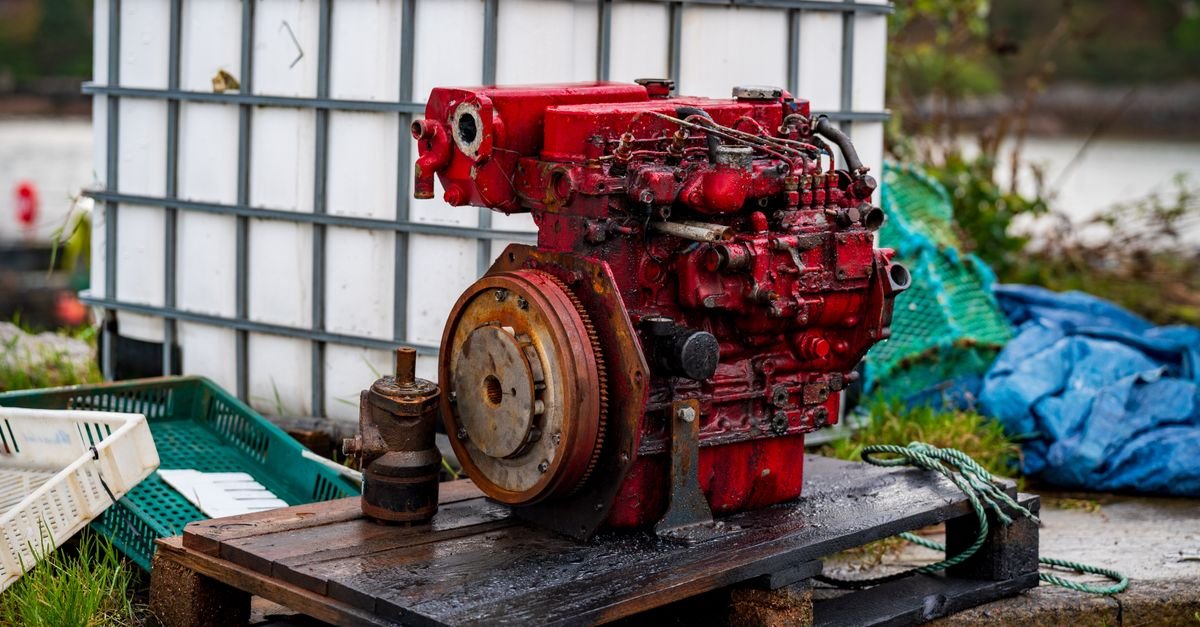 A single-cylinder engine standing alone on a wooden pallet outdoors, the finite half of a machine that has to carry whatever pump is bolted to it