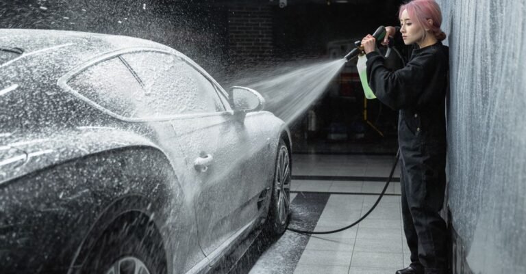 Person applying detergent foam to a car with a pressure washer gun at a wash bay
