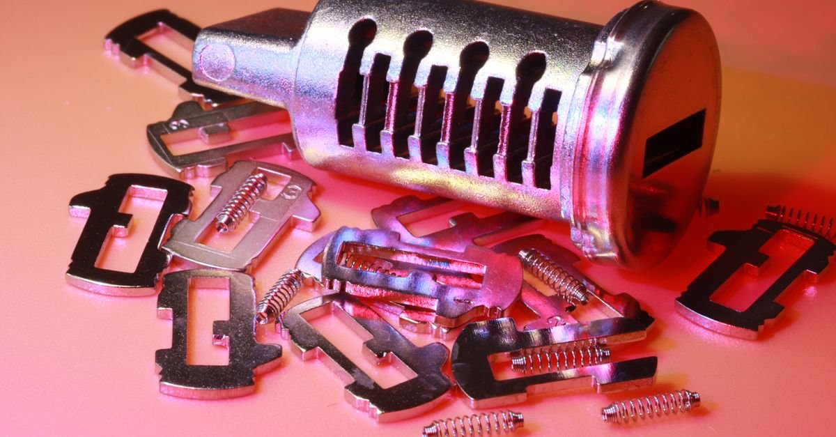 Precision assembly taken apart, its shaft, cylinder and small internal components laid out in order