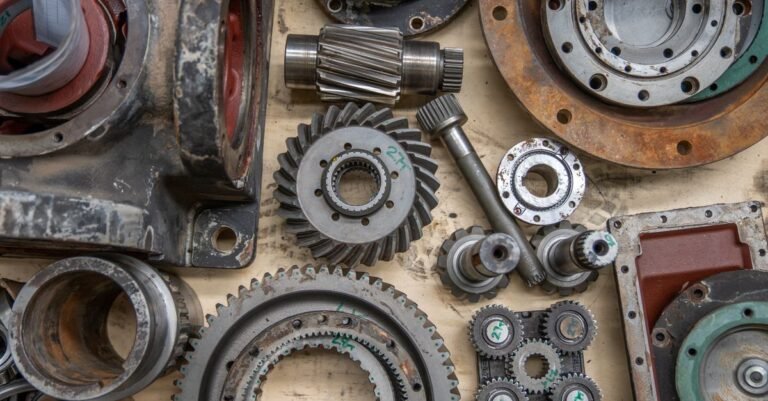 Industrial gears, bearings and machined steel parts laid out on a workshop surface