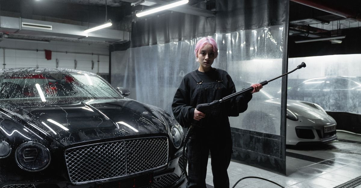 A person holding a pressure washer gun with a finger resting on the trigger lever while washing a car