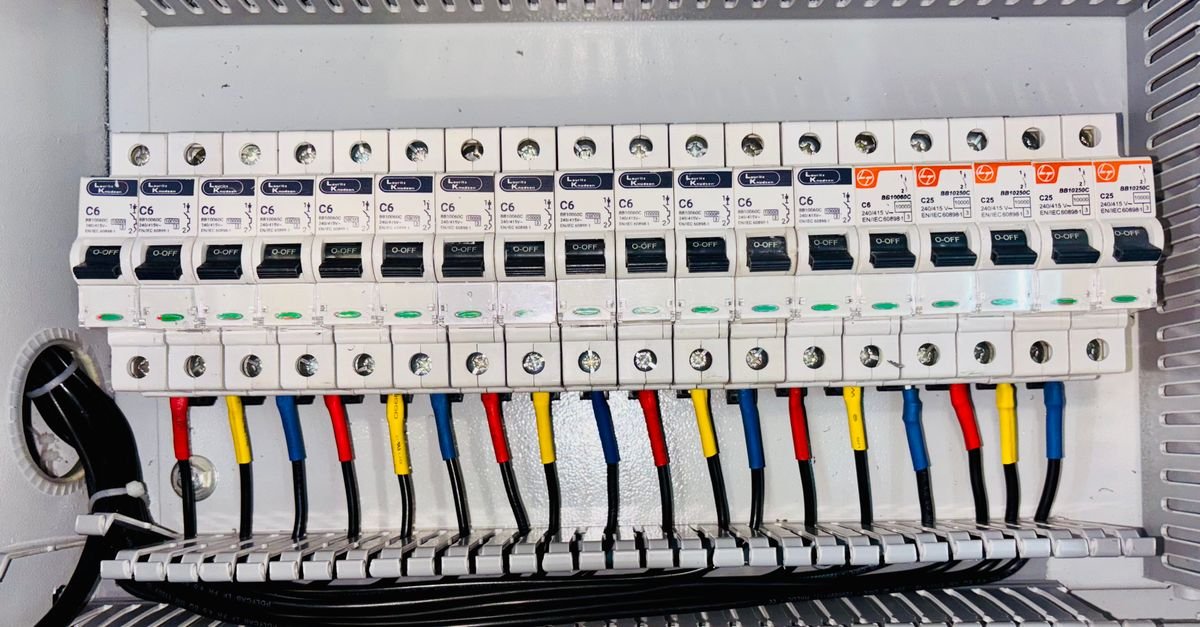 Close-up of a residential circuit breaker panel with colour-coded wiring feeding each breaker