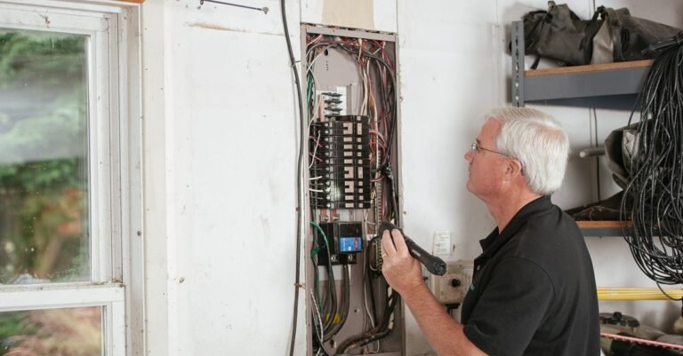 An electrician inspecting a residential breaker panel to find which circuit opened