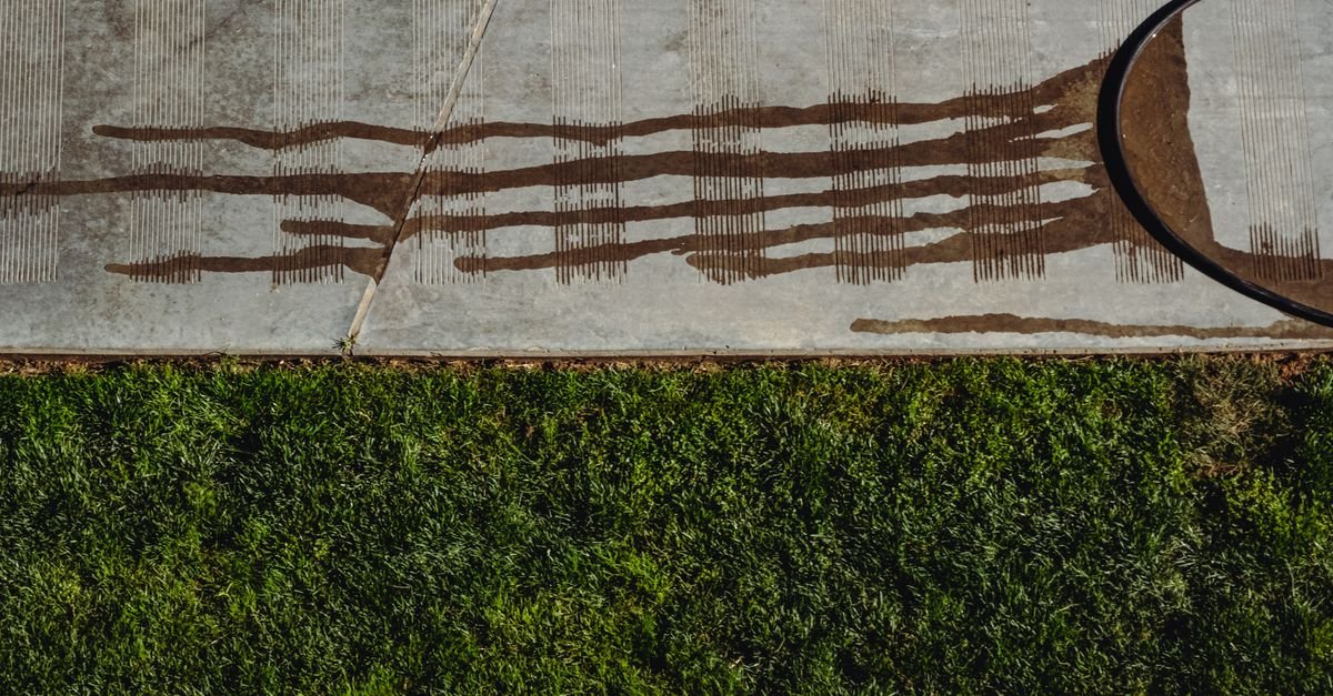 Wet concrete path after cleaning, with the hose still running