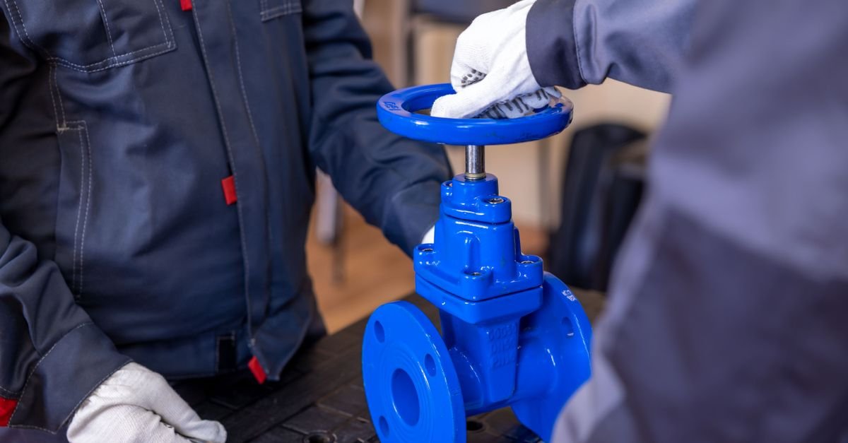 Two technicians in a workshop adjusting a blue industrial valve by hand