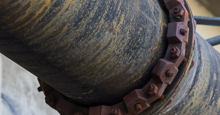 Corroded industrial pipe with bolted end fittings, showing rust at both the joint and the tube wall