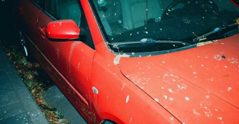 A red car with a film of dust and debris across its bonnet, parked on a leaf-strewn street