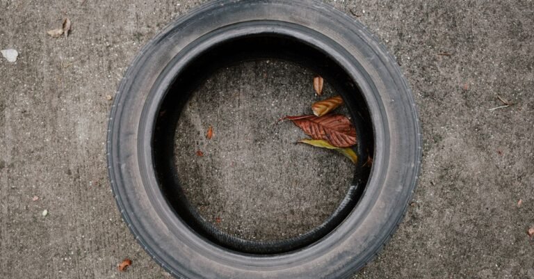 An old rubber tire resting on a bare concrete surface among fallen autumn leaves