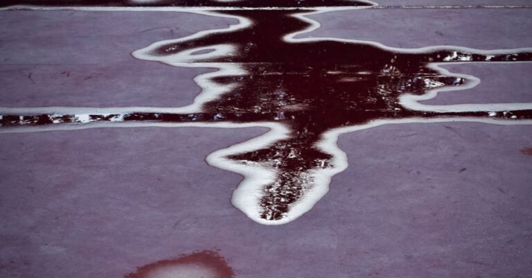 Dark fluid pooled and spreading across the surface of a reddish concrete slab