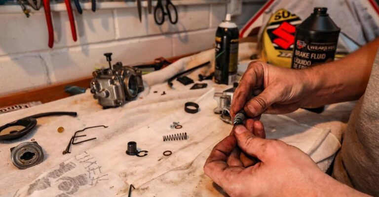 Gloved hands taking a small engine component apart on a workbench with hand tools laid out alongside