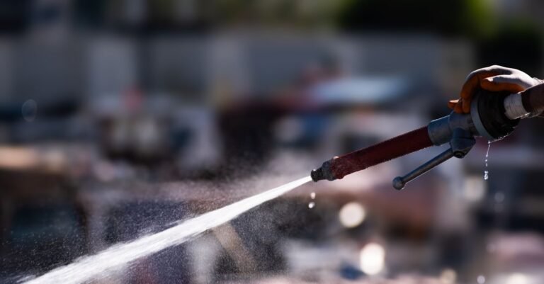 A hand holding a hose nozzle sending a low-pressure spray of water out into bright sunlight