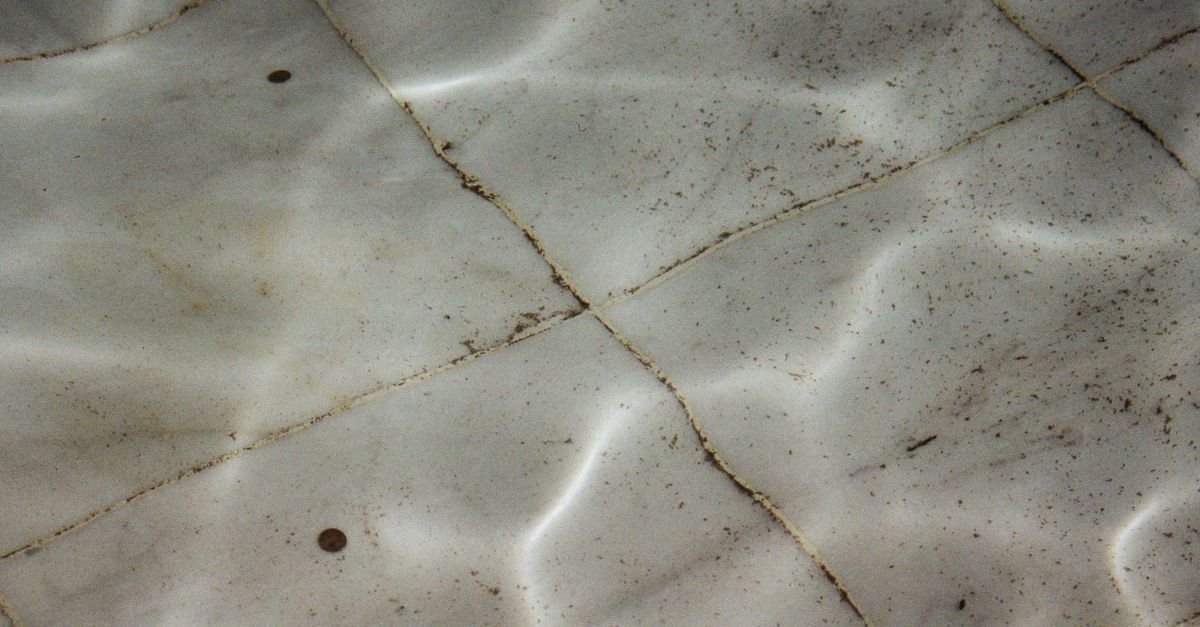 Close-up of textured swimming pool tiles showing dark biological soiling and mineral residue