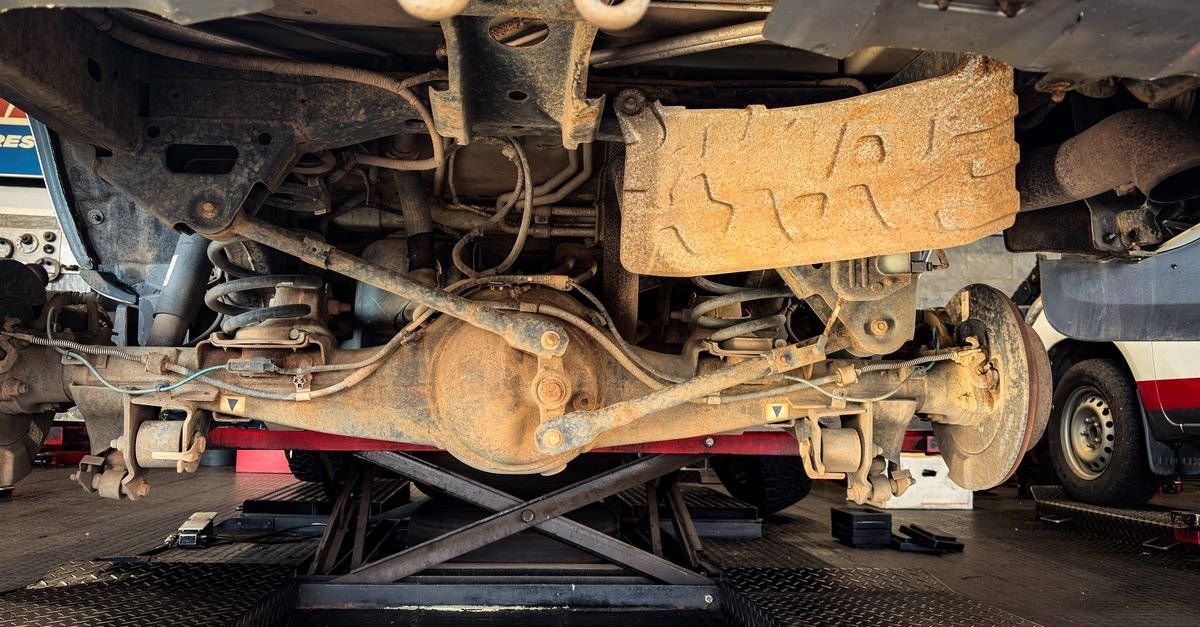 Detailed view of a car's heavily rusted suspension components and mounting brackets during repair in a garage
