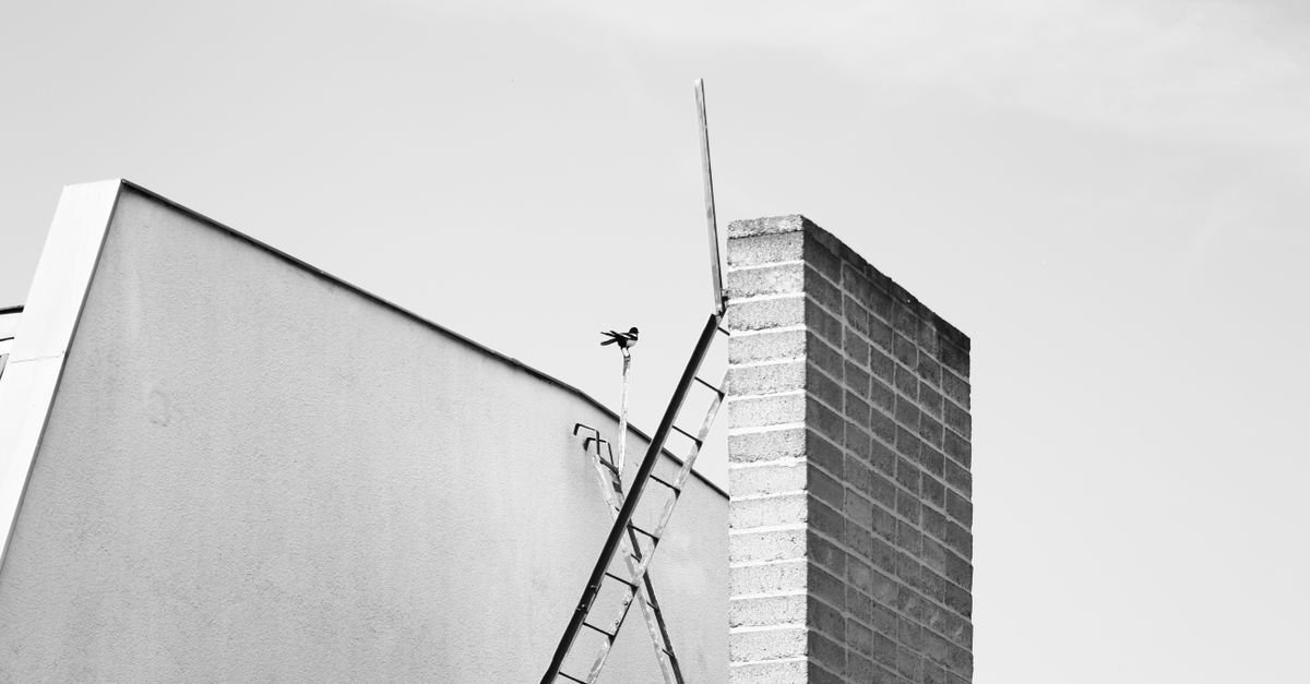A ladder standing against a building facade beside a brick chimney